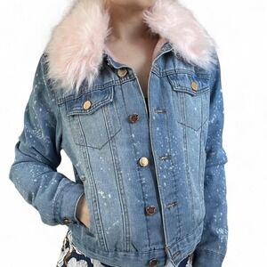 Pink faux fur collar denim jacket